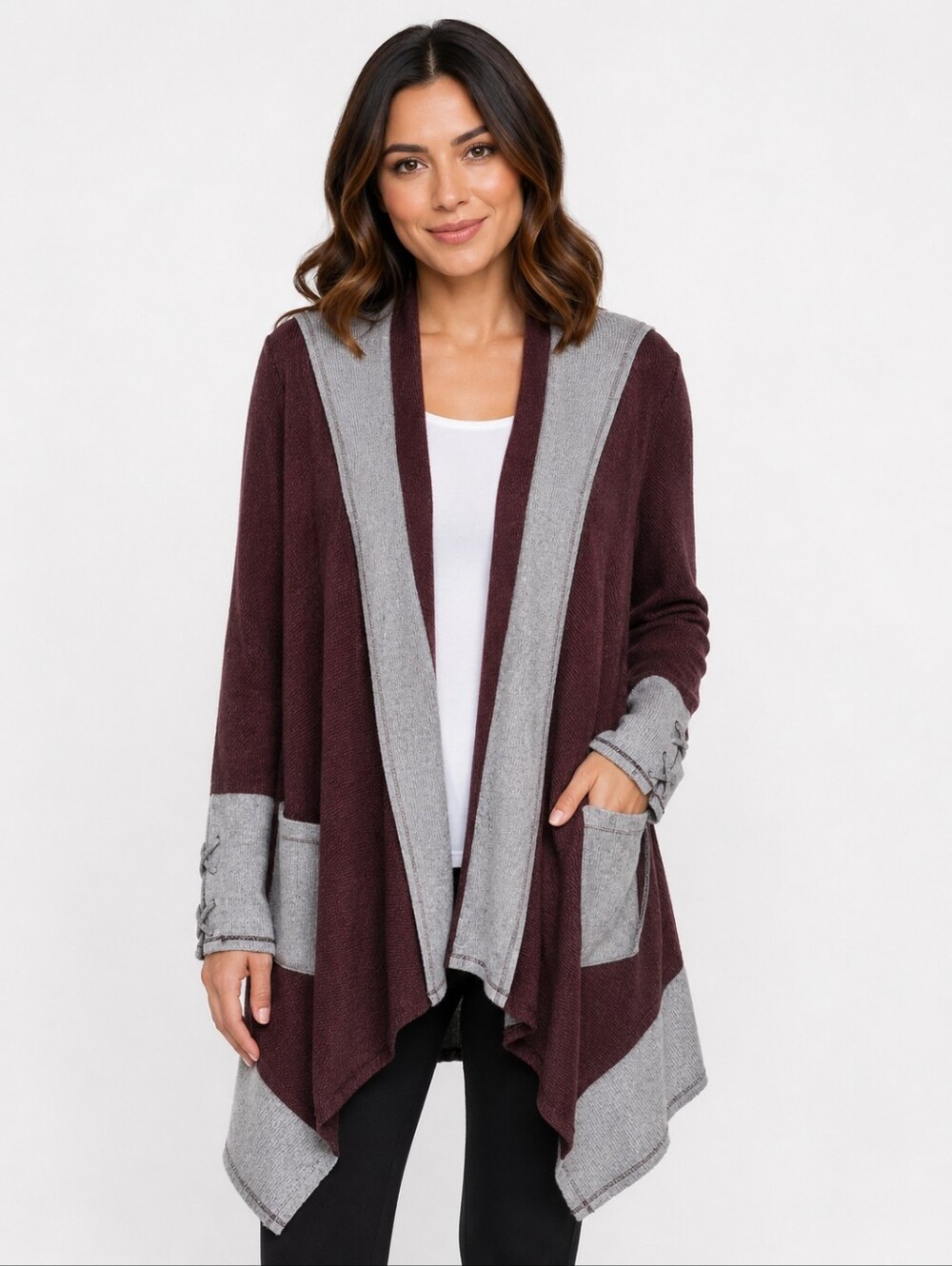 Knox Rose Burgundy Gray Waterfall Cardigan Handkerchief Hem M